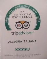 Allegria Italiana restaurant Tripadvisor's certificate of excelence for 2019